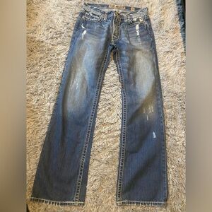 BKE Men's Blue Straight Jeans with Faded & Distressed Details